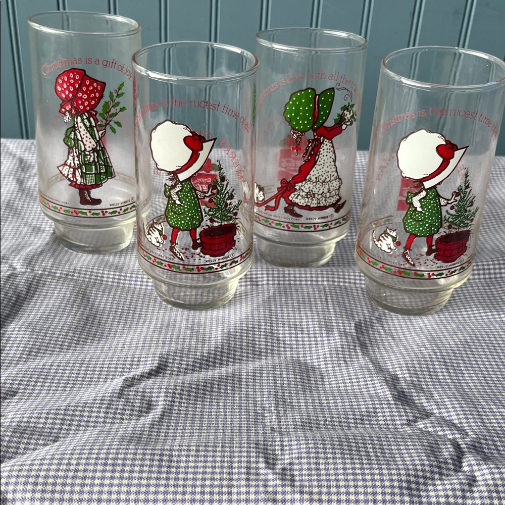 Vintage Holly Hobbie Glass Tumblers with Red and Green Design